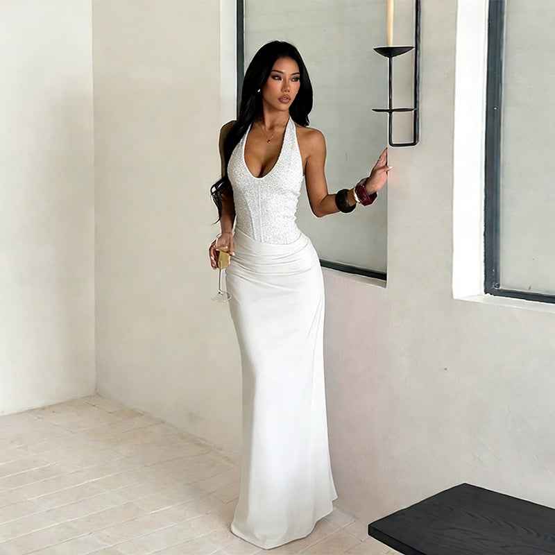 light blue lace halter dress Powder-Blue Short Halter Casual Dress with Buttons Powder Blue Print / XLarge main image 1