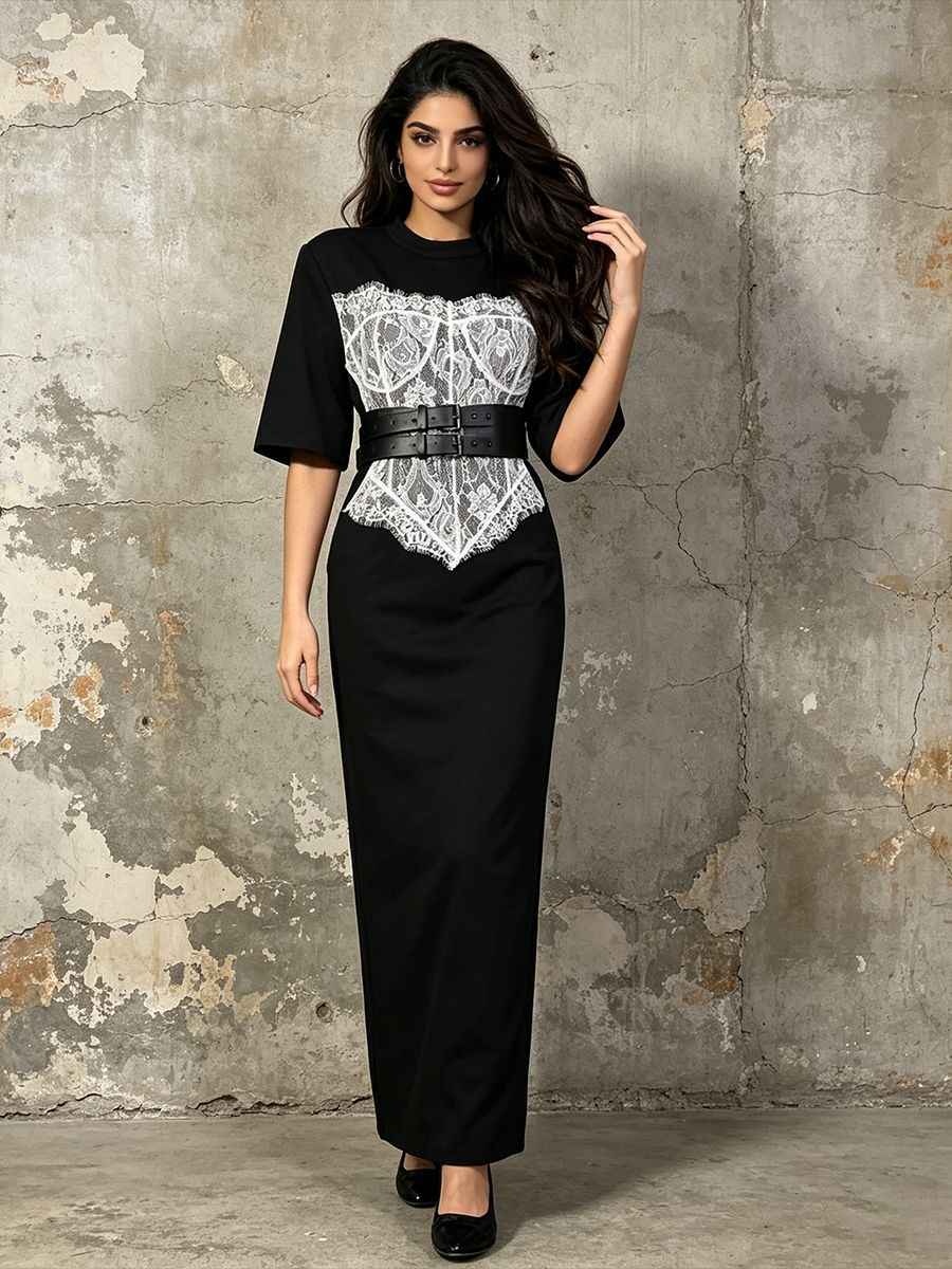 Lace Corset Panel Midi Bodycon Dress – With Wide Belt