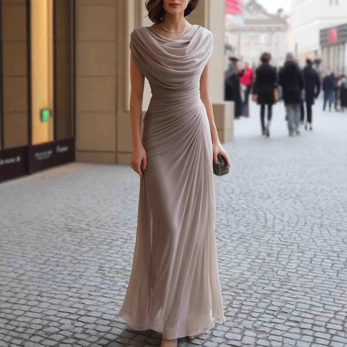 Mercerized Draped-Collar Pleated Sleeveless Slim-Fit Maxi Dress