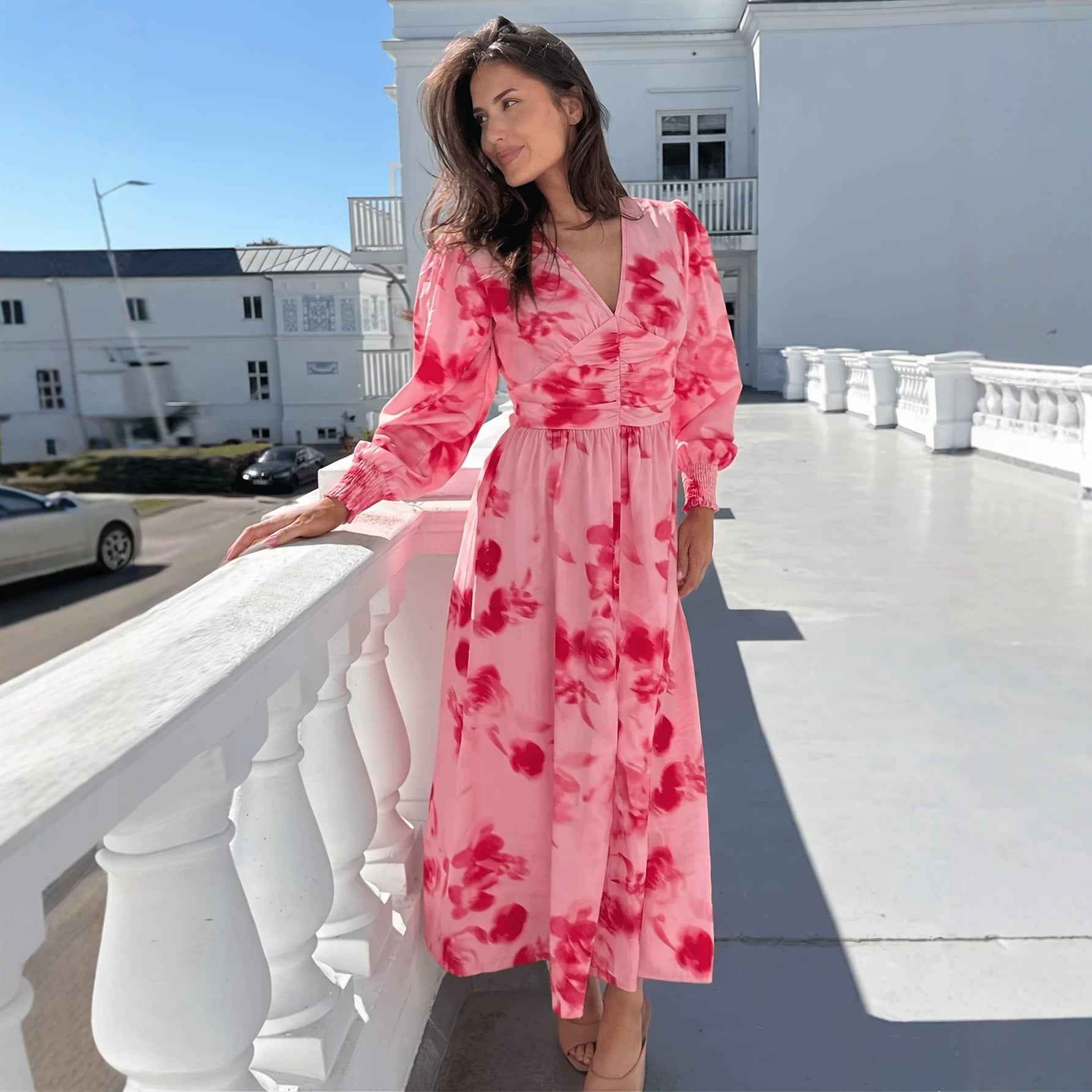 3D Floral Slim-Fit Midi Dress with Lace-Up & Satin Ribbon