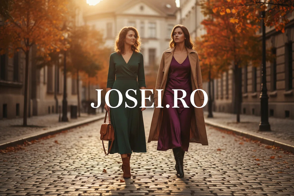 Two women walking in the city wearing autumn dresses - forest green wrap dress and plum midi dress - JOSEI.RO women's fashion