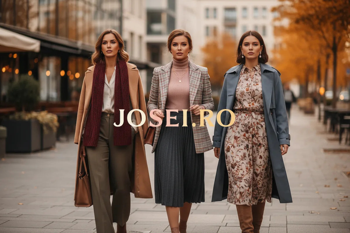 Three women in polished autumn outfits in a city setting with cream, pink, and gold “JOSEI.RO” lettering centered in the image