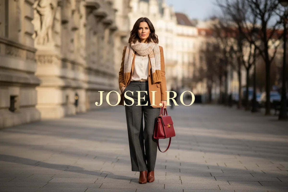 Elegant female model in a modern autumn outfit with centered cream-and-gold “JOSEI.RO” lettering.
