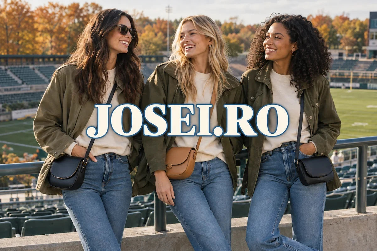 Three women at an autumn football game wearing cream sweatshirts, blue jeans and olive jackets, with JOSEI.RO lettering centred on the image
