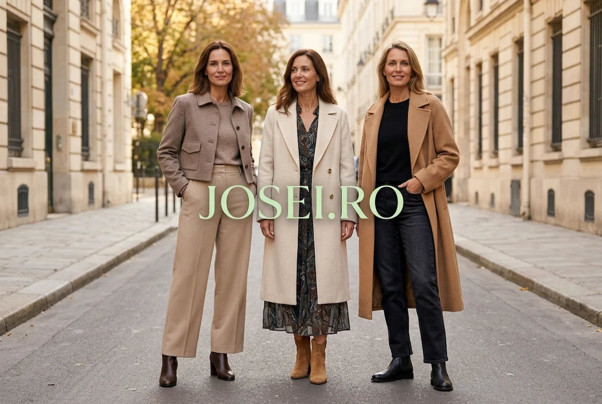 Three women wearing autumn outfits with cropped and long coats on a city street, with light-green JOSEI.RO lettering centered in the image