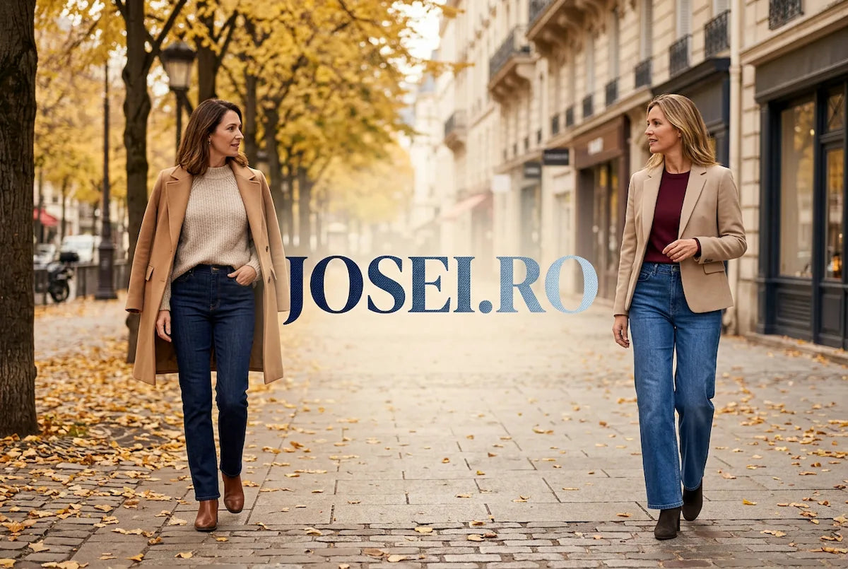 Two women wearing jeans, neutral outerwear and ankle boots on an autumn city street, with denim-blue JOSEI.RO lettering centred between them