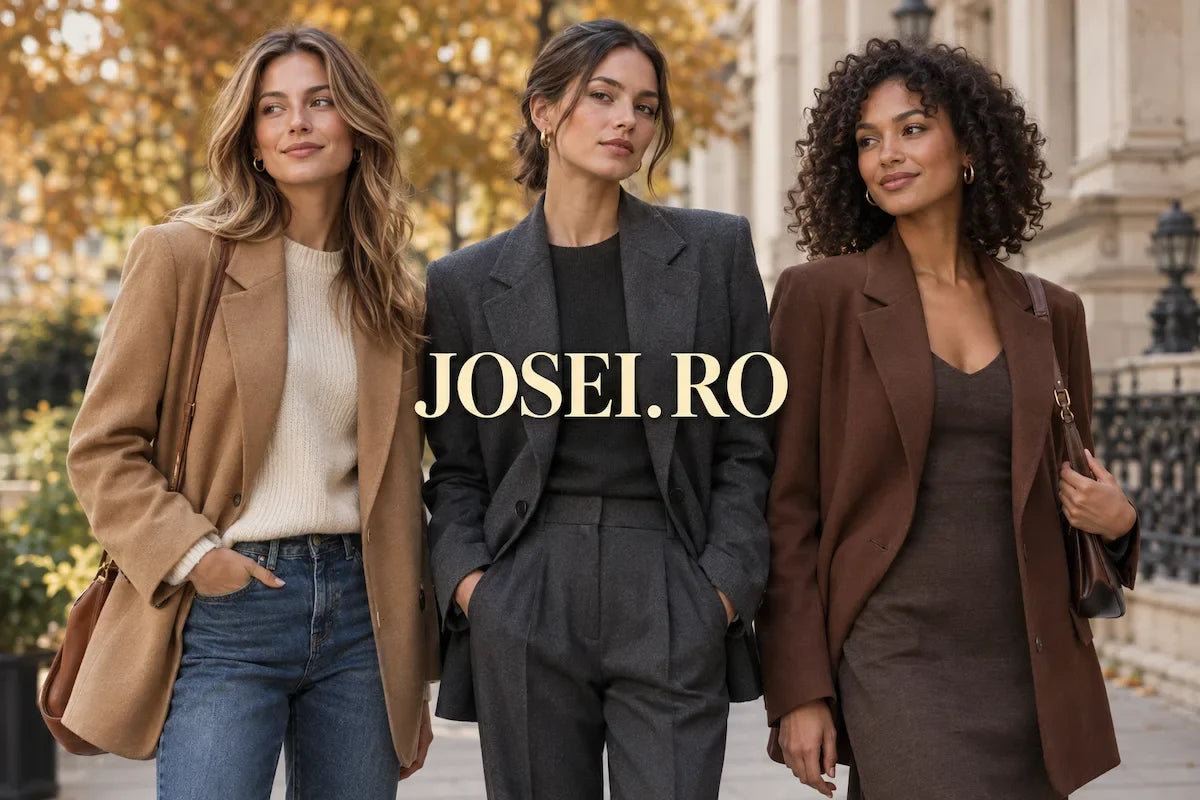 Three women wearing camel, charcoal and brown blazers on an autumn street, with creamy-yellow JOSEI.RO lettering centered across the image