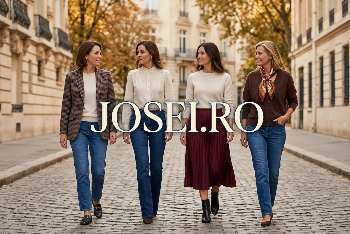 Four women in modern and vintage-inspired autumn outfits on a cobblestone street, with JOSEI.RO lettering centered across the image