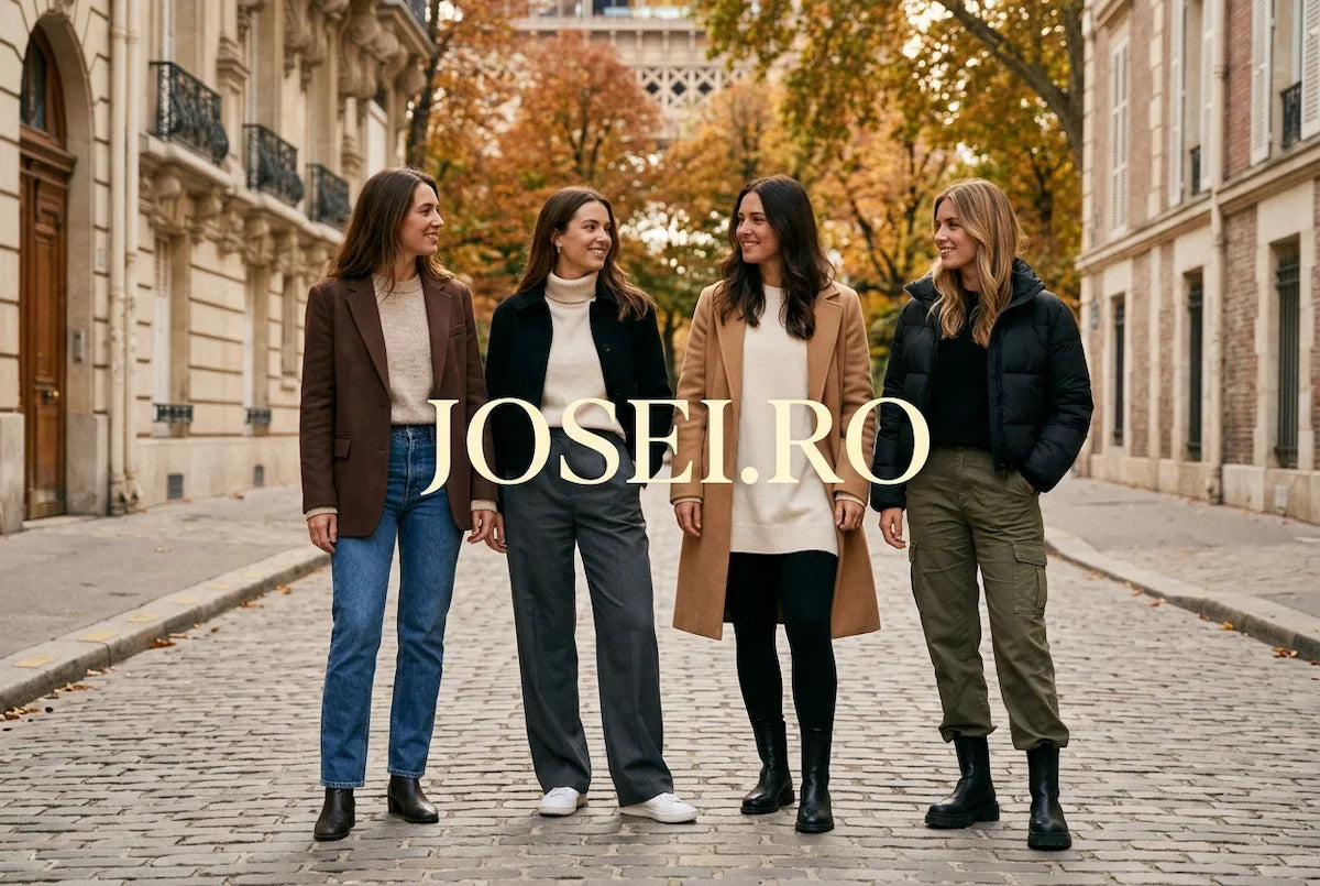 Four women wearing jeans, tailored trousers, leggings and cargo pants on an autumn street, with creamy-yellow JOSEI.RO lettering centered across the image