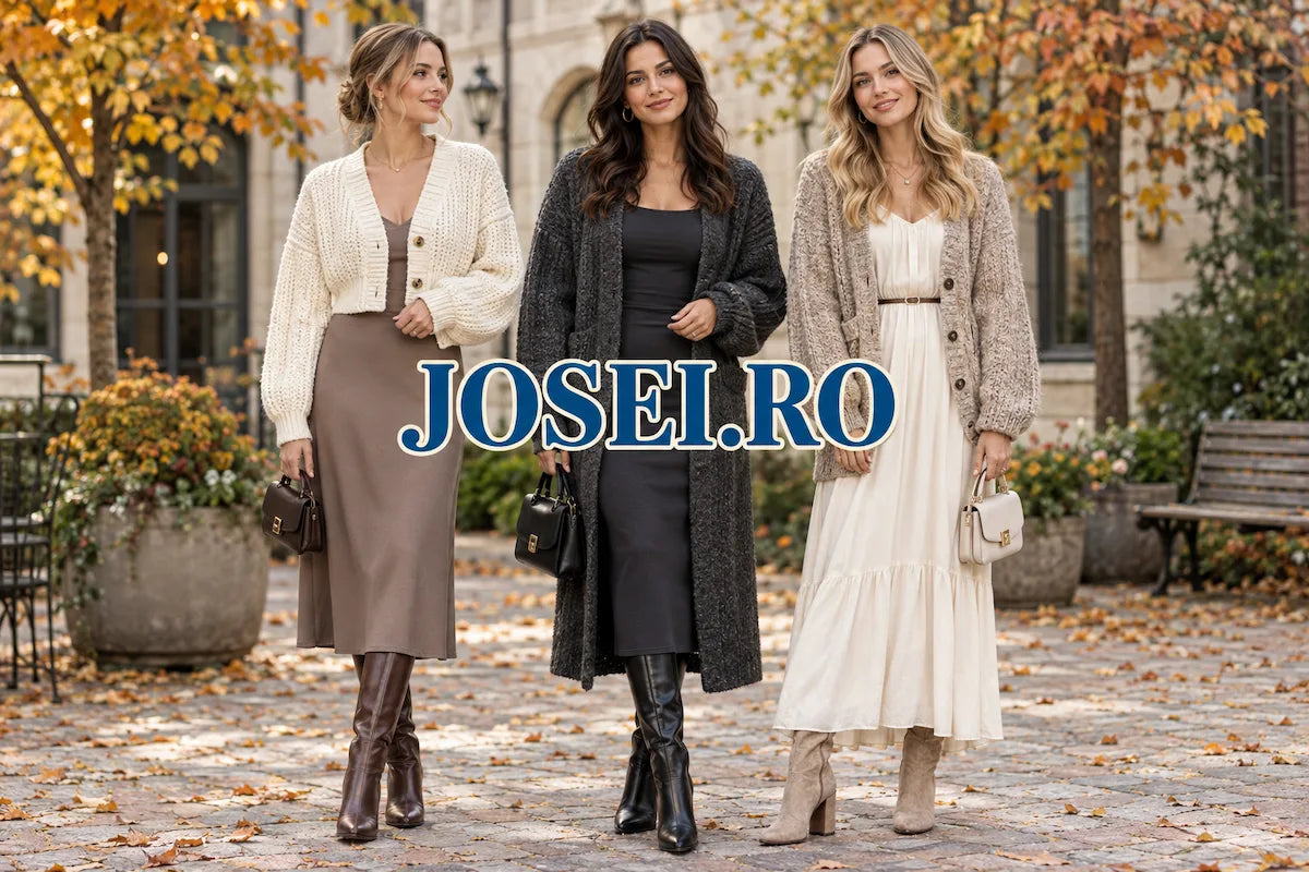 Three women wearing chunky cardigans over midi dresses with boots in an autumn courtyard, with blue and cream JOSEI.RO lettering centred