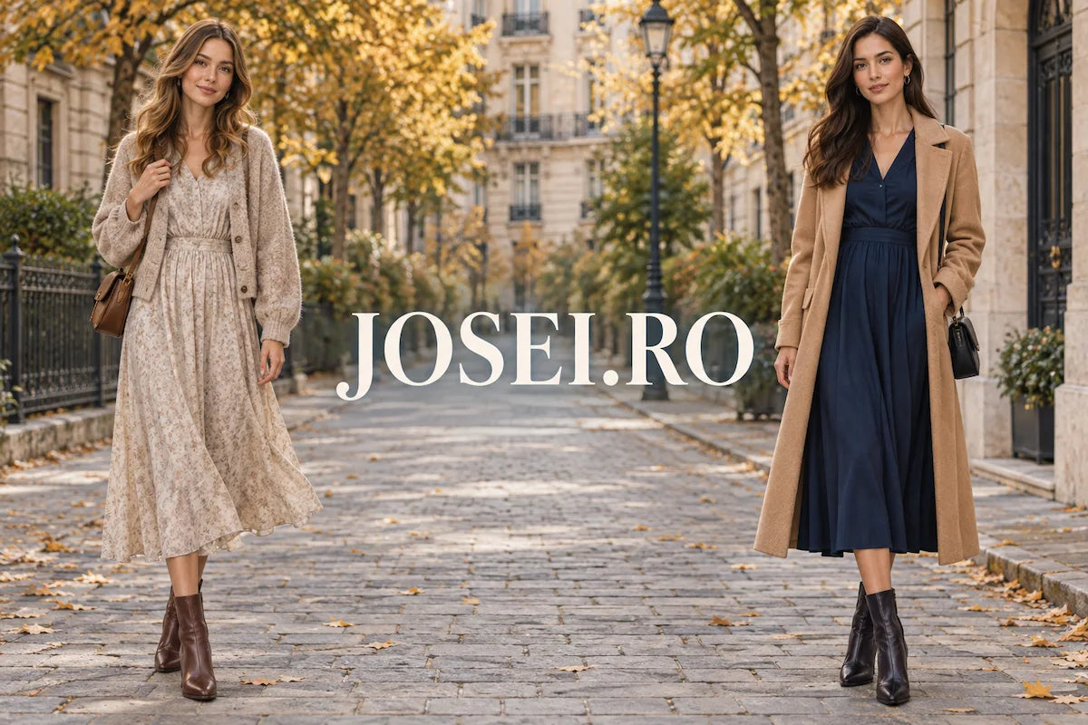 Two women wearing midi dresses and ankle boots on an autumn city street, with creamy JOSEI.RO lettering centred between them