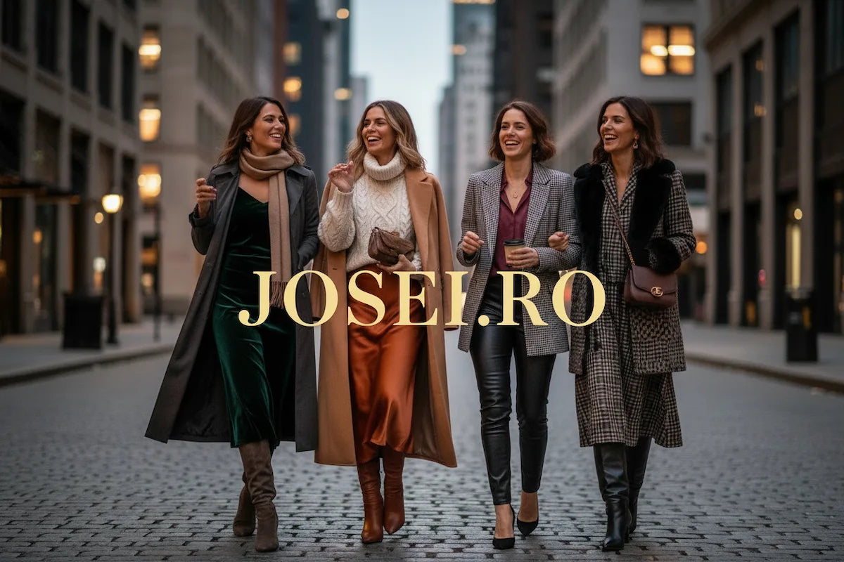 Four women in elegant autumn evening outfits in a city setting, with centered gold and cream “JOSEI.RO” lettering