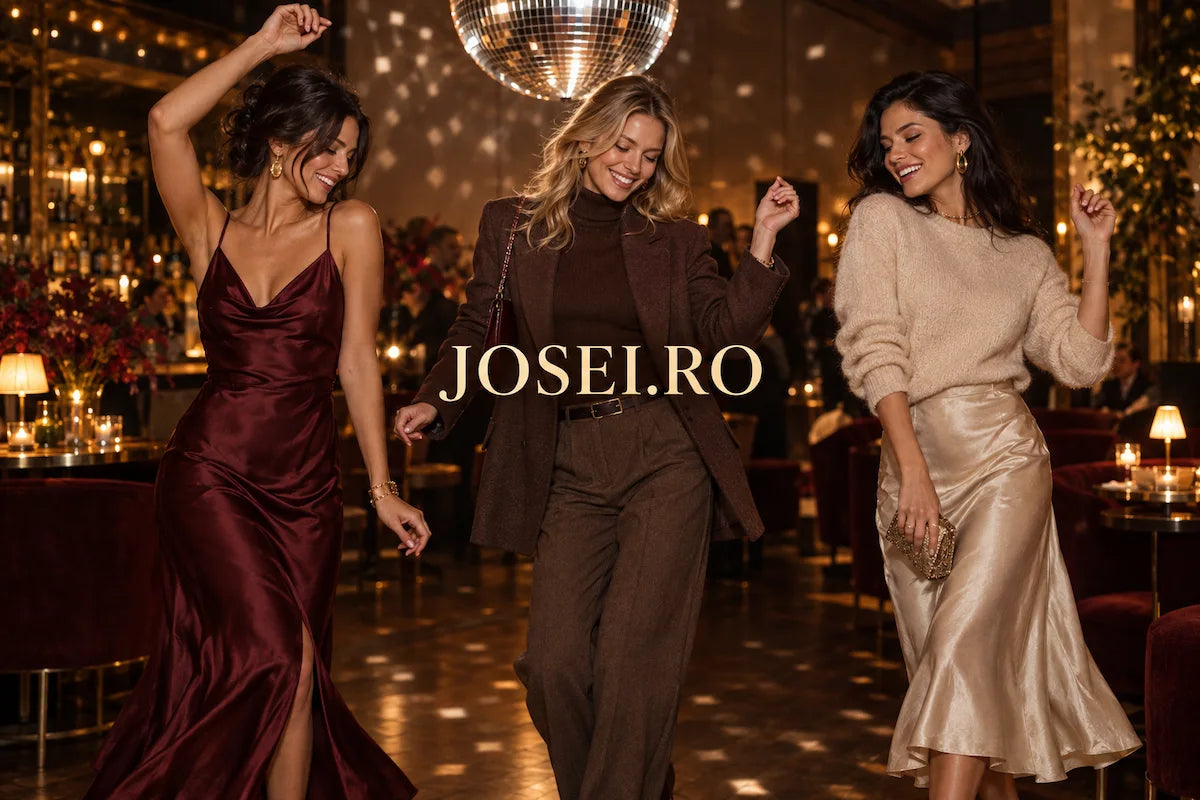 Three women dancing in autumn evening outfits beneath a disco ball, with JOSEI.RO lettering centered in the image