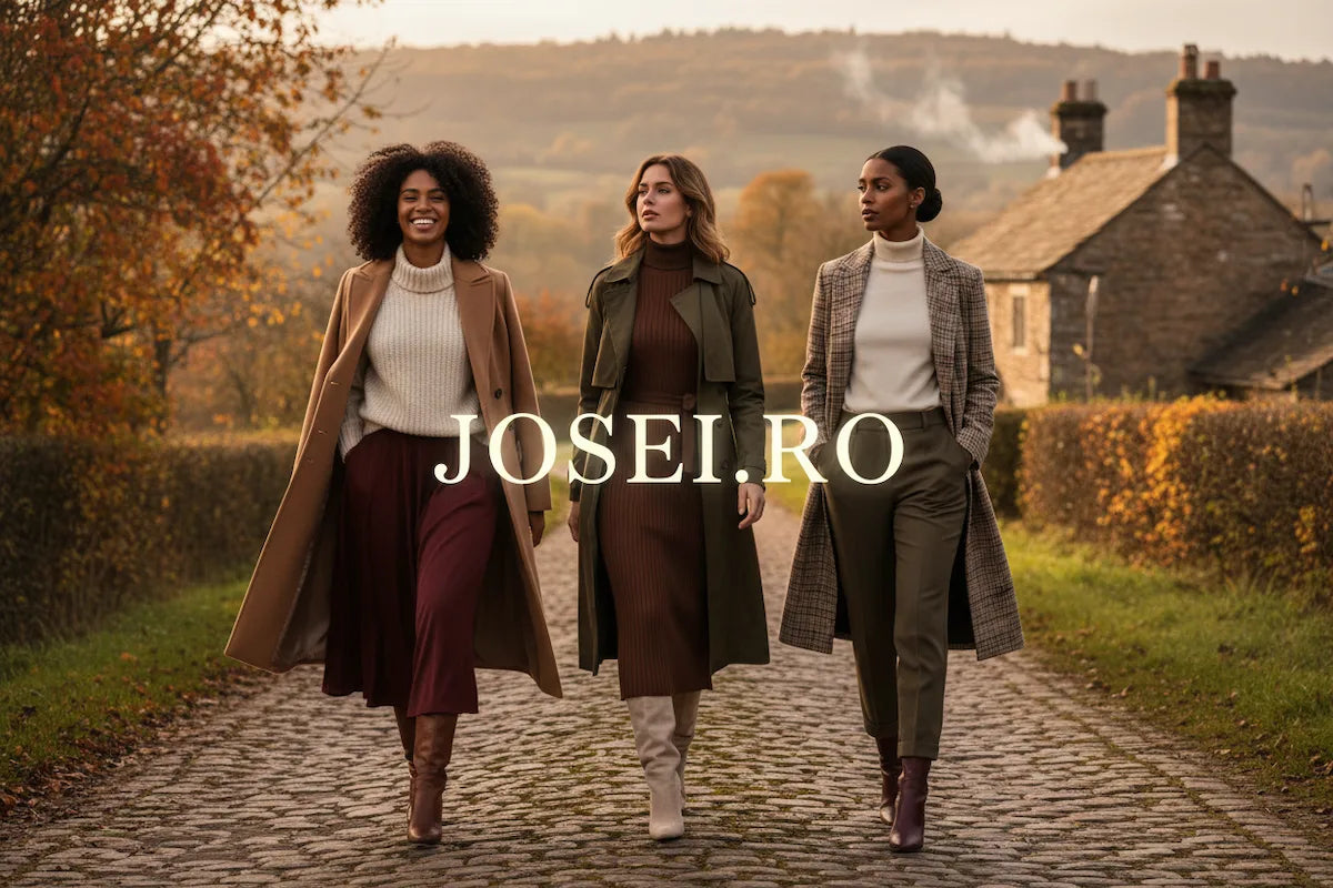 Three women wearing elegant layered autumn outfits on a countryside getaway with JOSEI.RO lettering