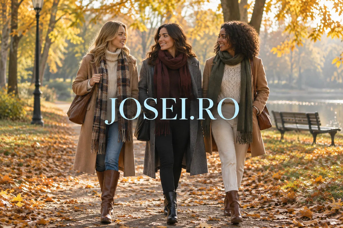 Three women in cozy layered autumn outfits walking through a park, with creamy blue 'JOSEI.RO' lettering centered in the image