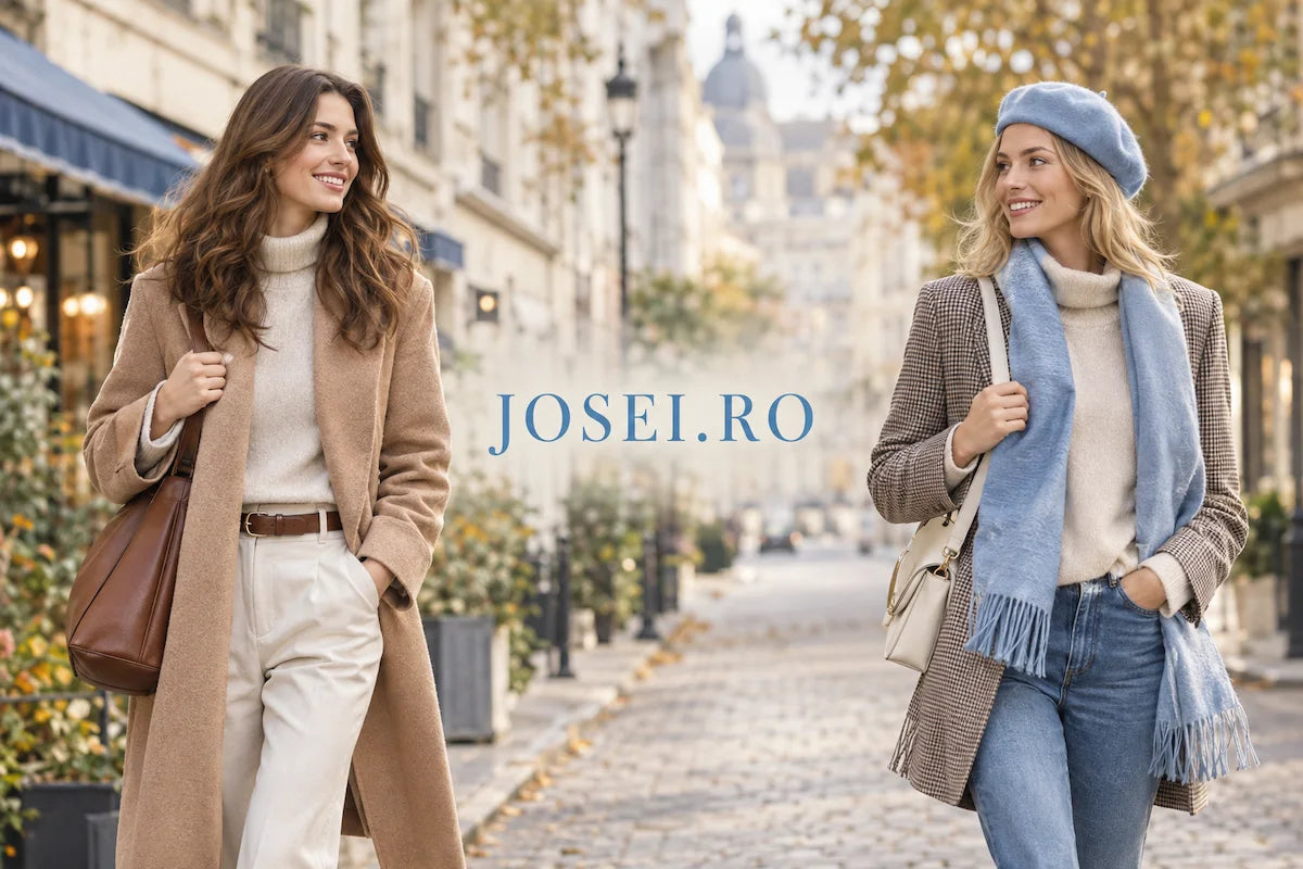 Two women in casual autumn outfits on a city street, with creamy-blue JOSEI.RO lettering centered in the image