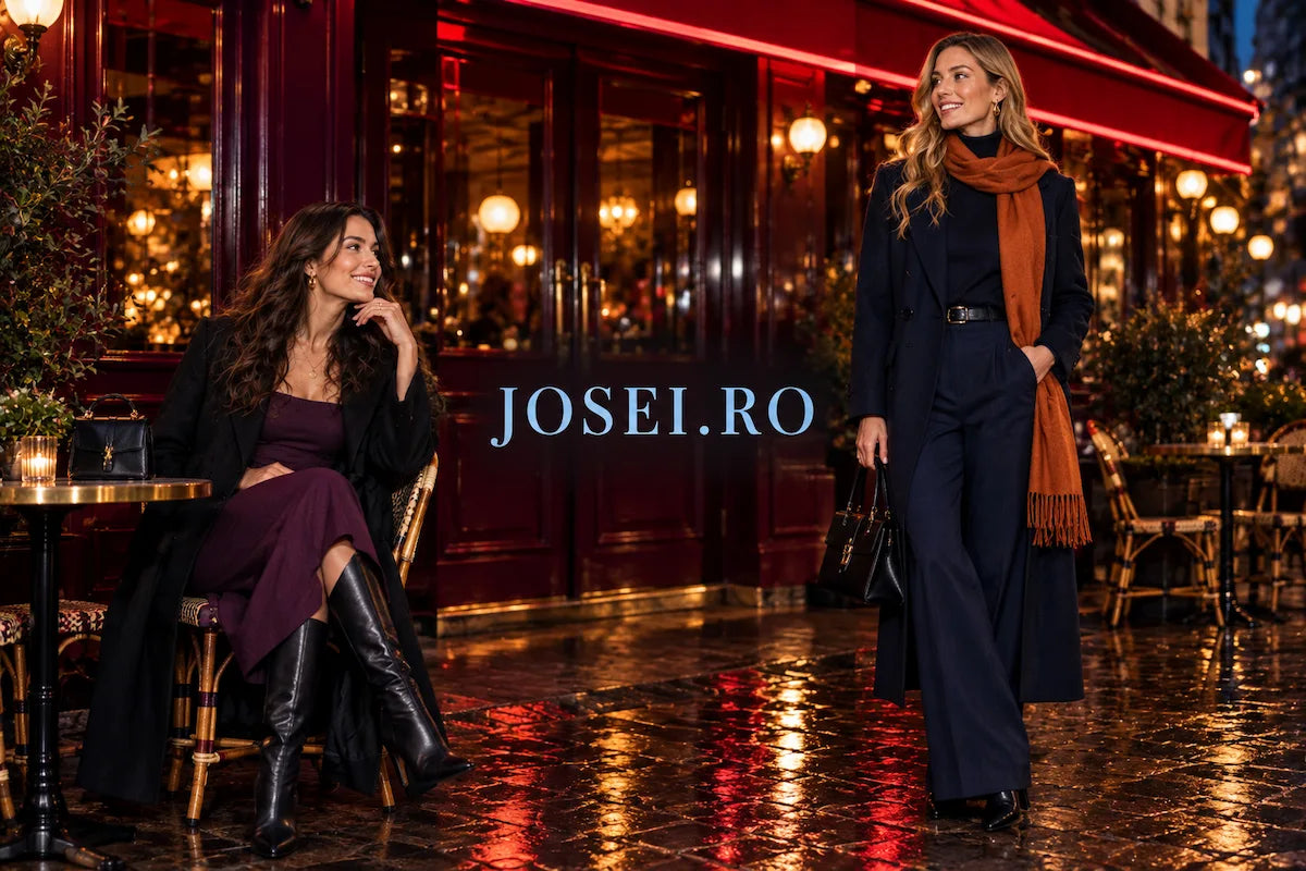 Two women in autumn dinner outfits outside a nighttime bistro, with JOSEI.RO lettering centered in creamy blue