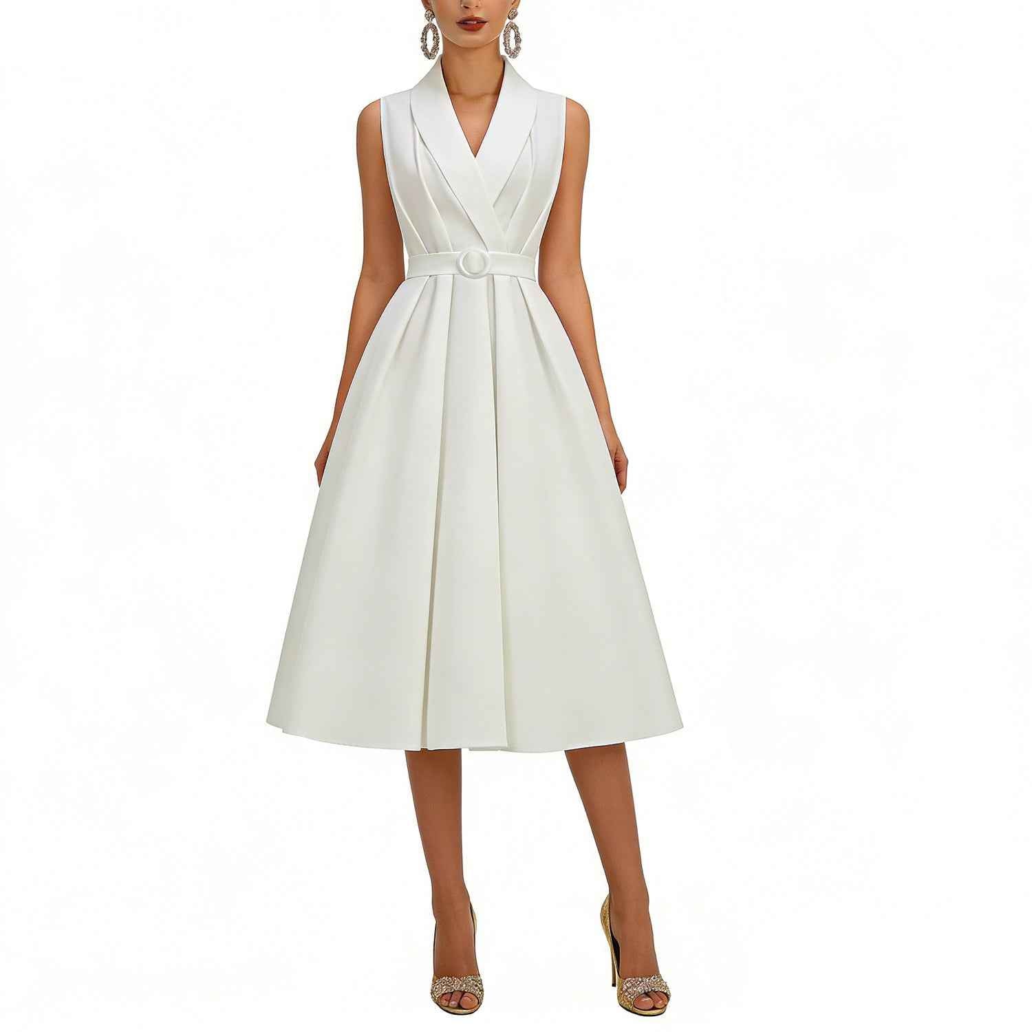 Polka Dot Halter-Neck High-Waist Flare Midi Dress with Tie-Up Detail