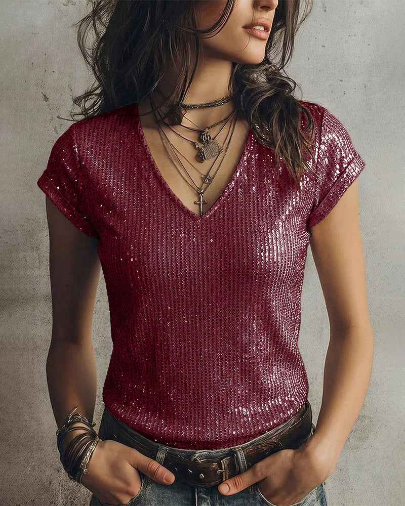 Womens Short-Sleeve Sequin Slim-Fit V-Neck T-Shirt
