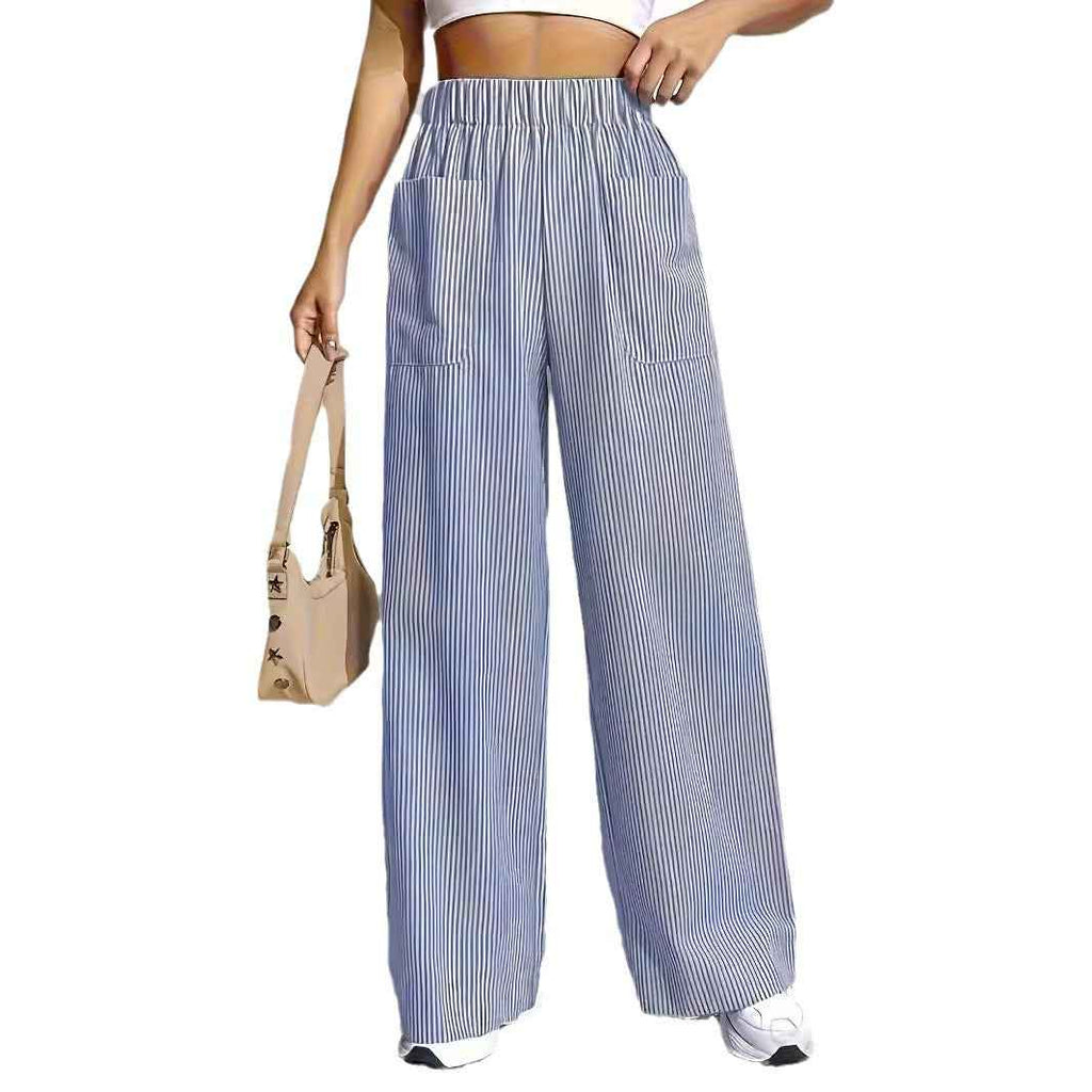 Striped Wide-Leg Pants with Elastic Waist & Pockets