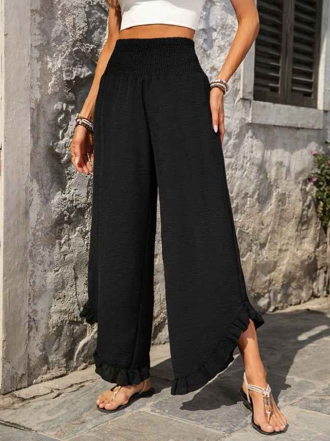 High-Waist Wide-Leg Pants with Asymmetric Ruffle Hem — 3 Colours