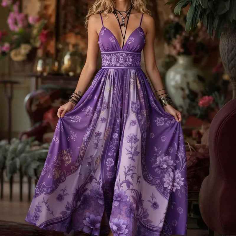 Tube Top Backless Suspender Vintage Printed Long Dress