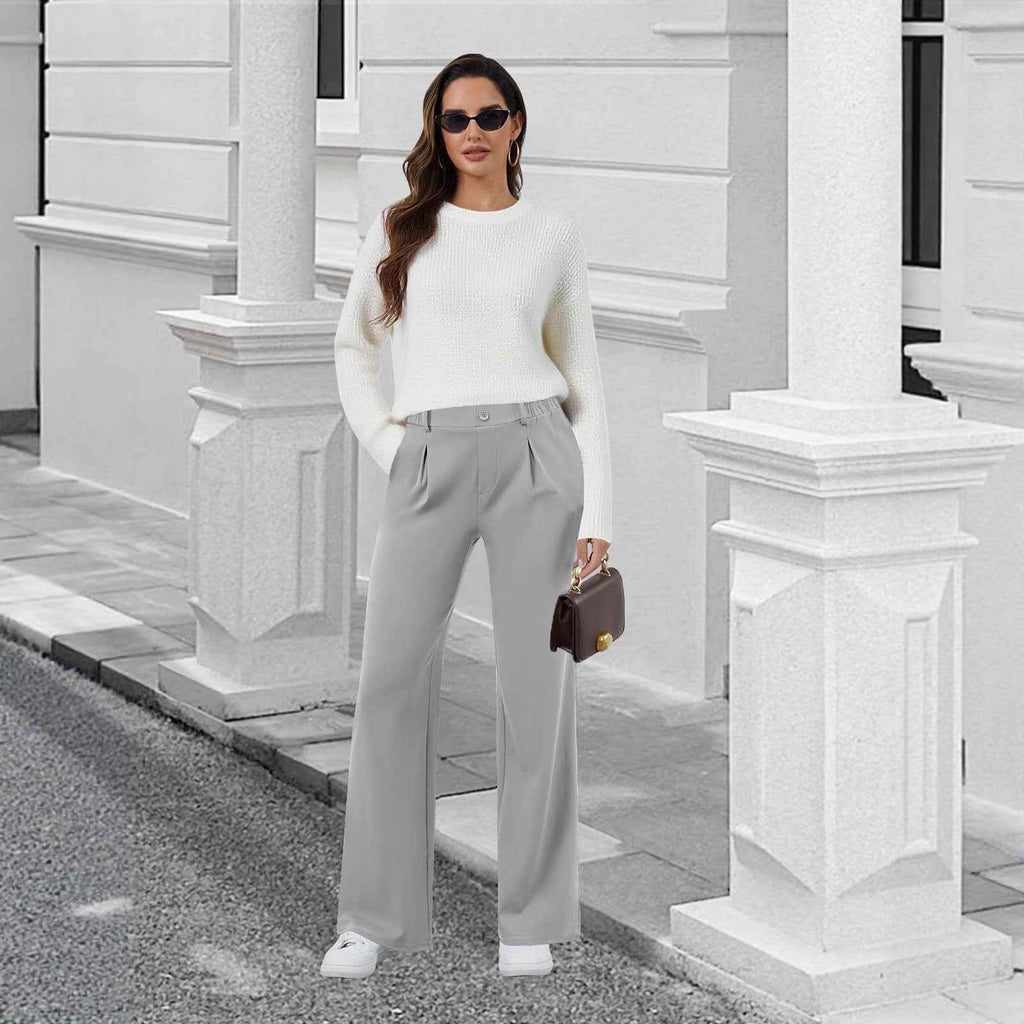 High-Waist Relaxed Casual Trousers – Full Length Solid Colour