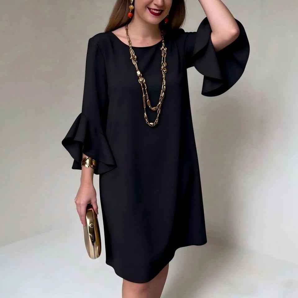 Women's Flared Sleeve A-Line Midi Dress with Ruffled Hem