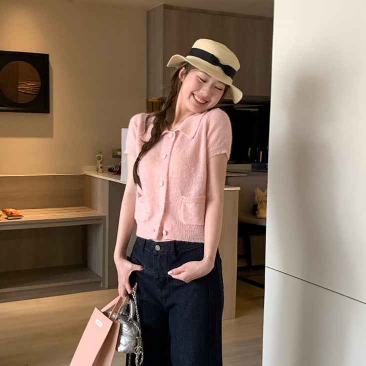 Slim-Fit Lapel Knitted Short-Sleeve Cardigan Top
