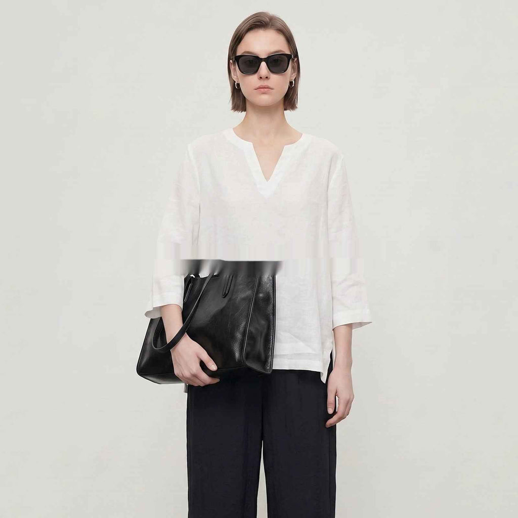 Womens Linen Plain-weave Top With Three-quarter Sleeves