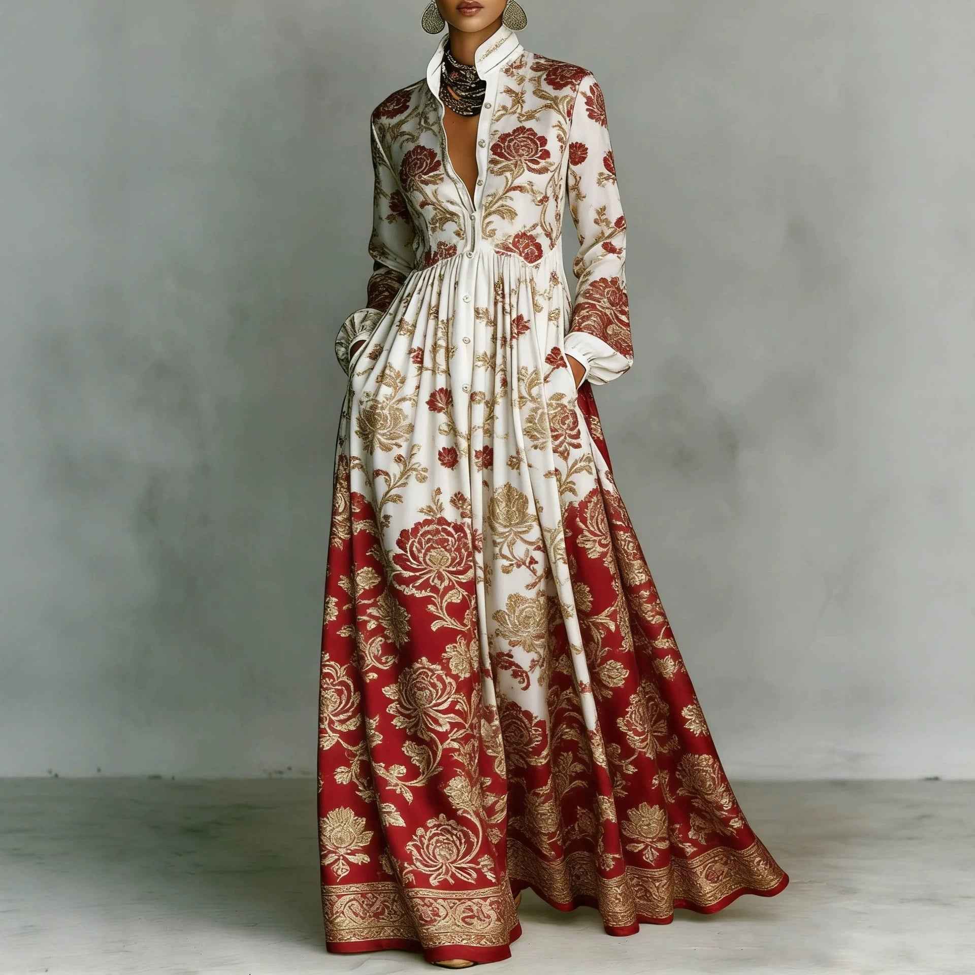 Womens Retro Casual Waist-Cinching Printed Dress