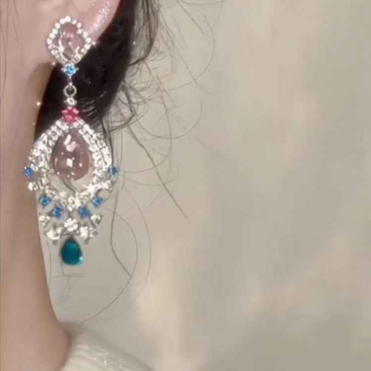 Heavy Craft Rhinestone Inlaid Teardrop Zircon Earrings, Vintage Light Luxury Style Women's Ear Jewelry