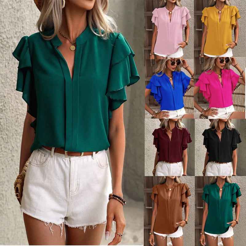 Petal Sleeve V-Neck Blouse – Wrinkle-Resistant