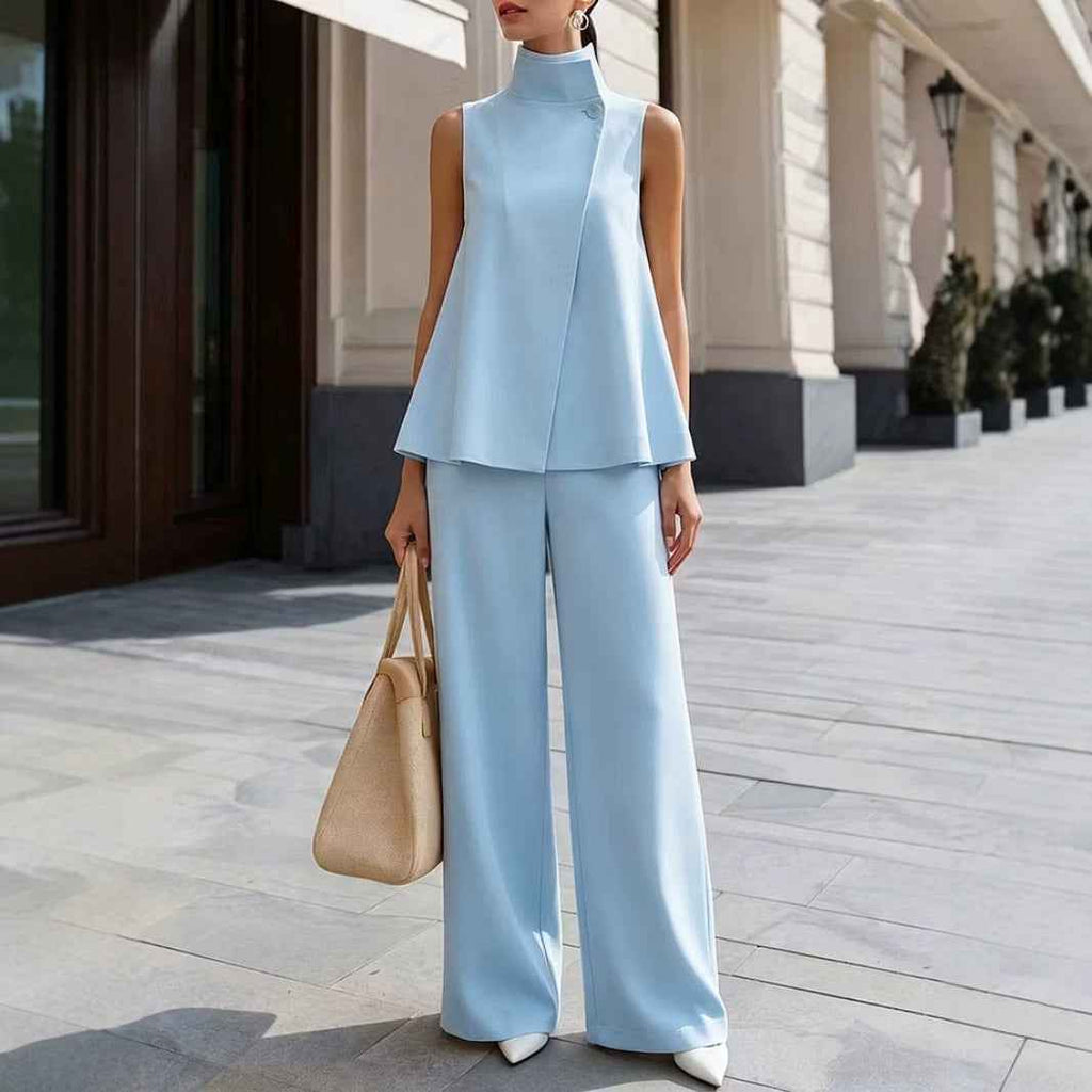 Womens Stand-collar Sleeveless Top And Elastic-waist Wide-leg Pants