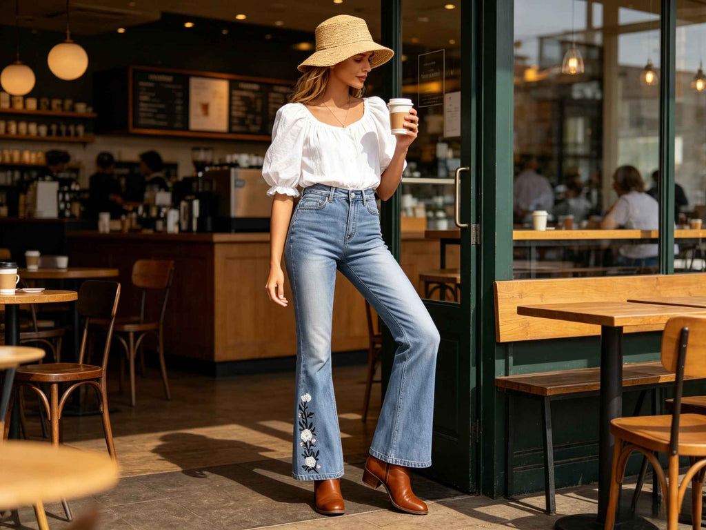 Women's Floral Embroidered Flare Jeans — Light Wash Bootcut Denim