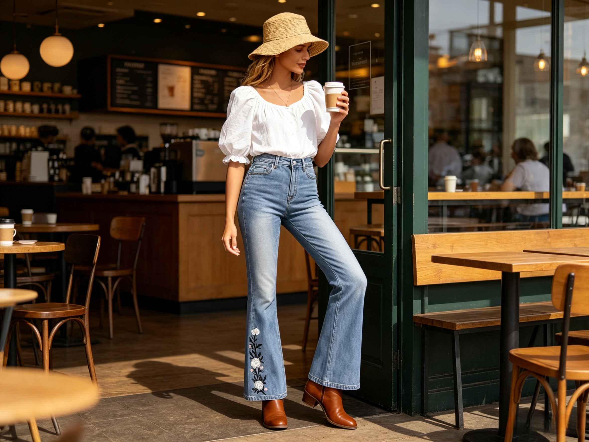 Women's Floral Embroidered Flare Jeans — Light Wash Bootcut Denim