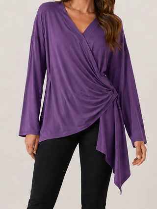 Strap-style Solid-color Elegant V-neck Casual Long-sleeve Top