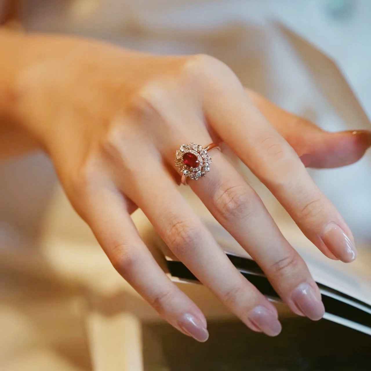 Exquisitely Crafted Hollowed-out Ruby Ring Set With Colored Gemstones And Diamonds