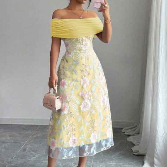 Floral Mesh-Panel High-Waist Pleated Maxi Dress