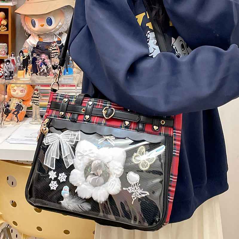 Plaid Manga-Inspired Tote Bag — Japanese Style Pin Bag
