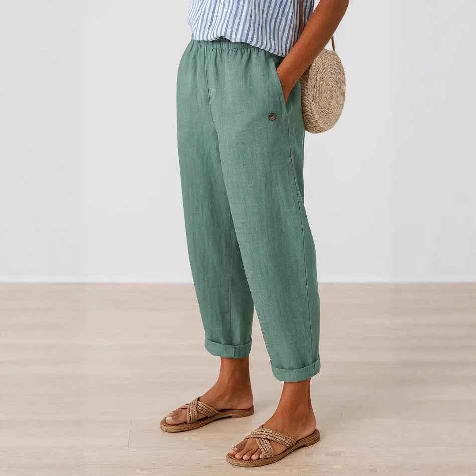 Women's Digital Print Straight-Leg Trousers – Slub Linen Look, Mid-Rise