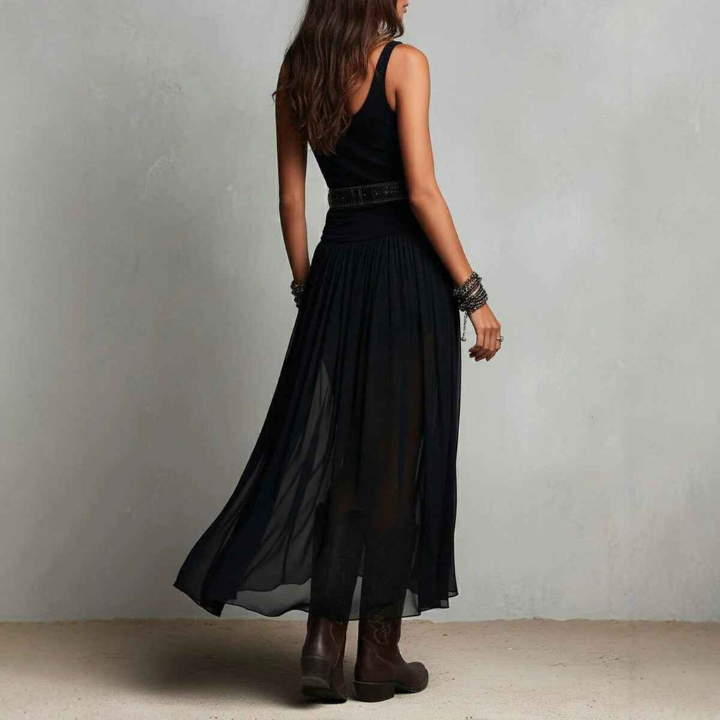 Sheer Pleated A-Line Sleeveless Maxi Dress