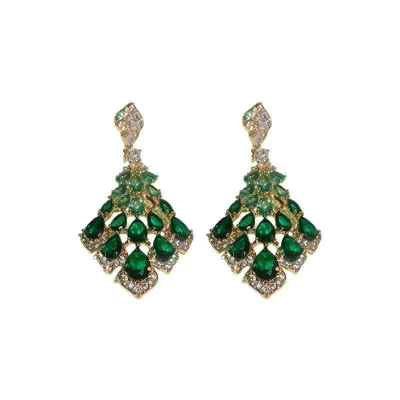 Emerald Rhinestone Leaf Tassel Drop Earrings For Women, Light Luxury High-End Dark Green Niche Designer Ear Jewelry