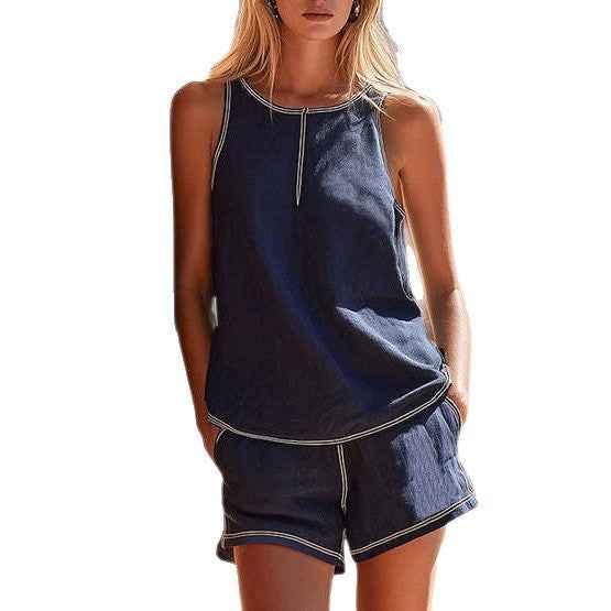 Geometric Knit Colour-Block Tank Top & Shorts – Women’s Casual Two-Piece