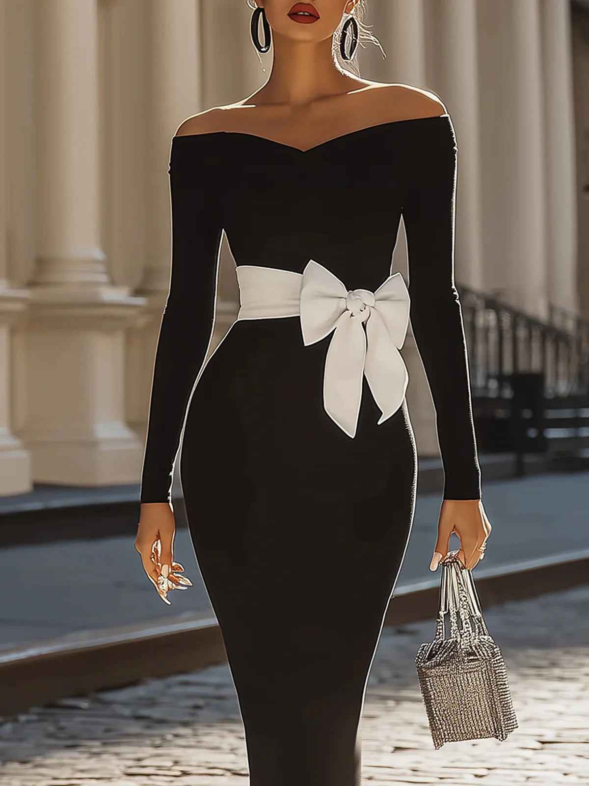 High Waist Bodycon Mini Dress – Open Back V-Neck with Bow Tie Detail