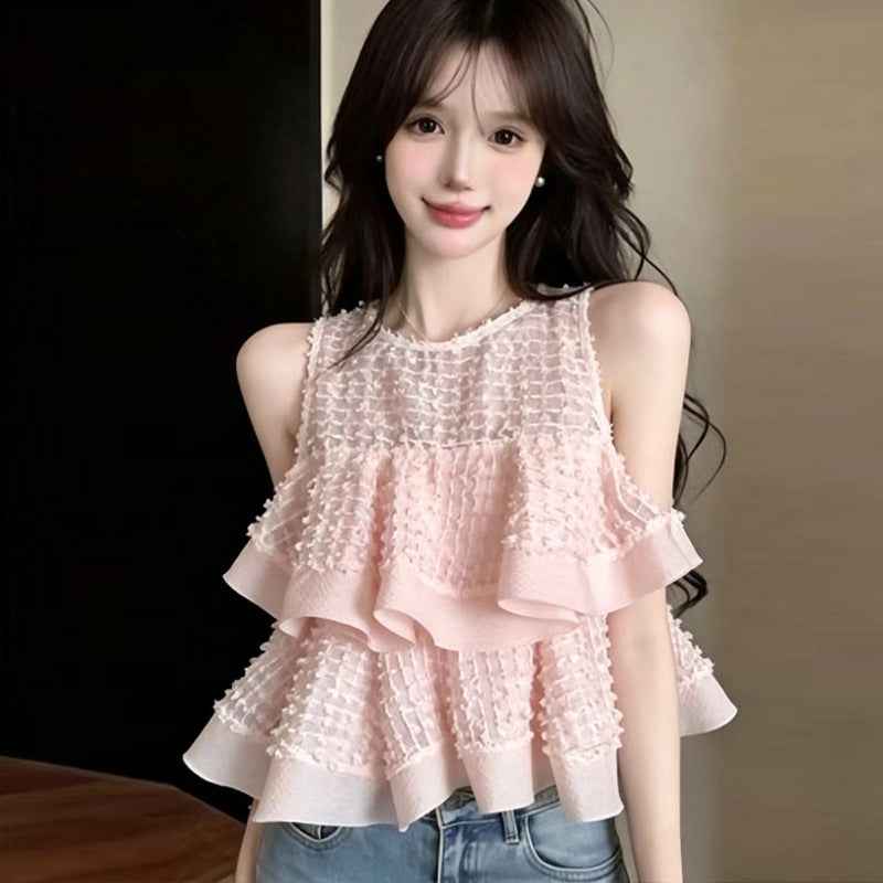 Sweet Sleeveless Double-layer Ruffled-edge Blouse