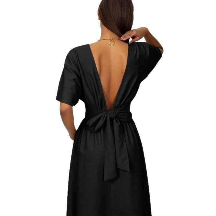 Solid Color Long Dress with V-back, Tie Waist & Flared Hem