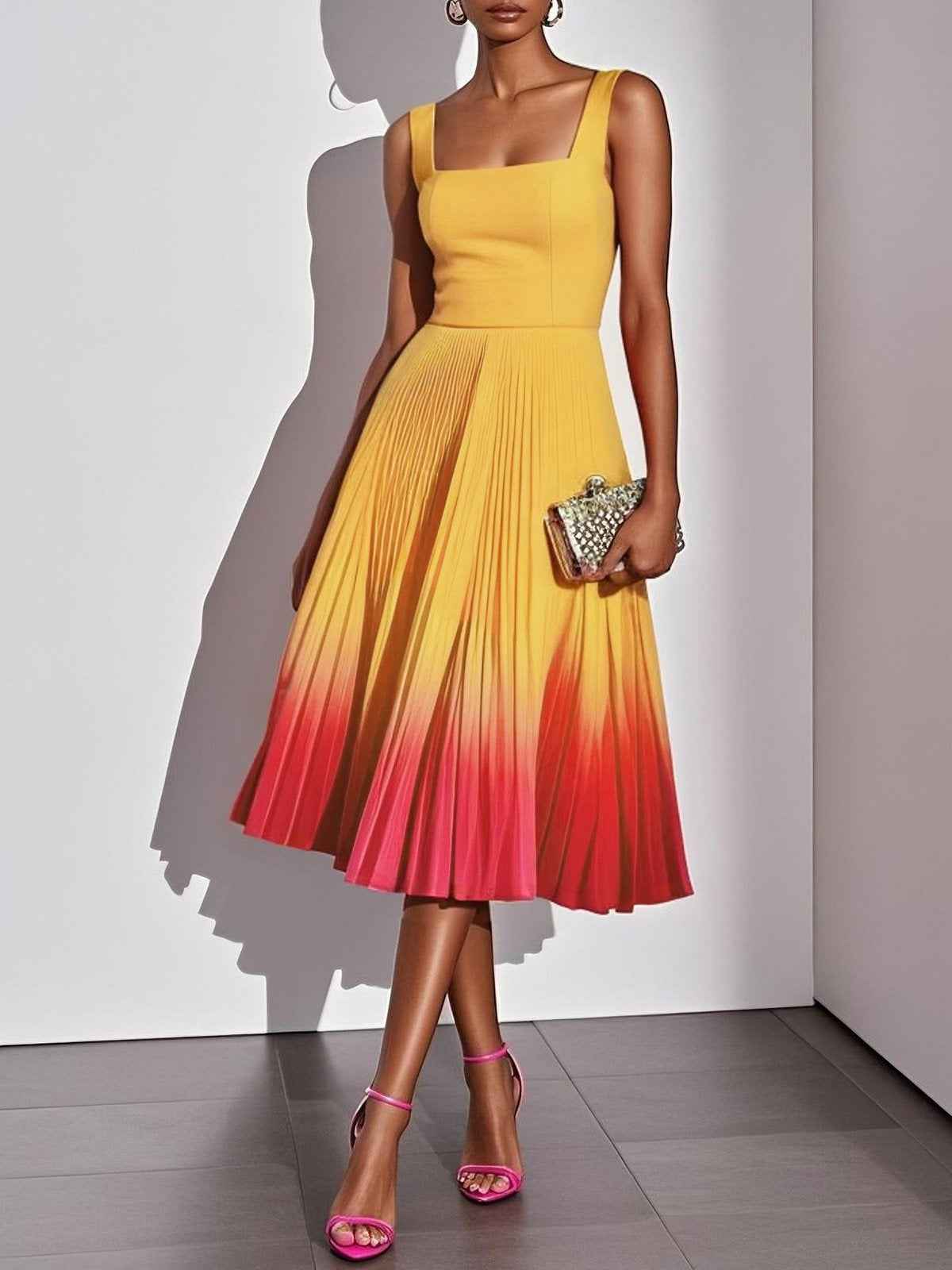 Square-Neck Gradient Pleated Midi Dress – Women's High Waist A-Line Dress