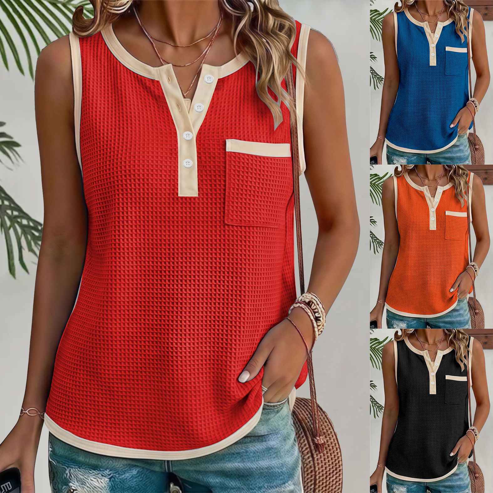 Fashionable Casual Solid-Color Waffle-Weave Patchwork Womens Vest