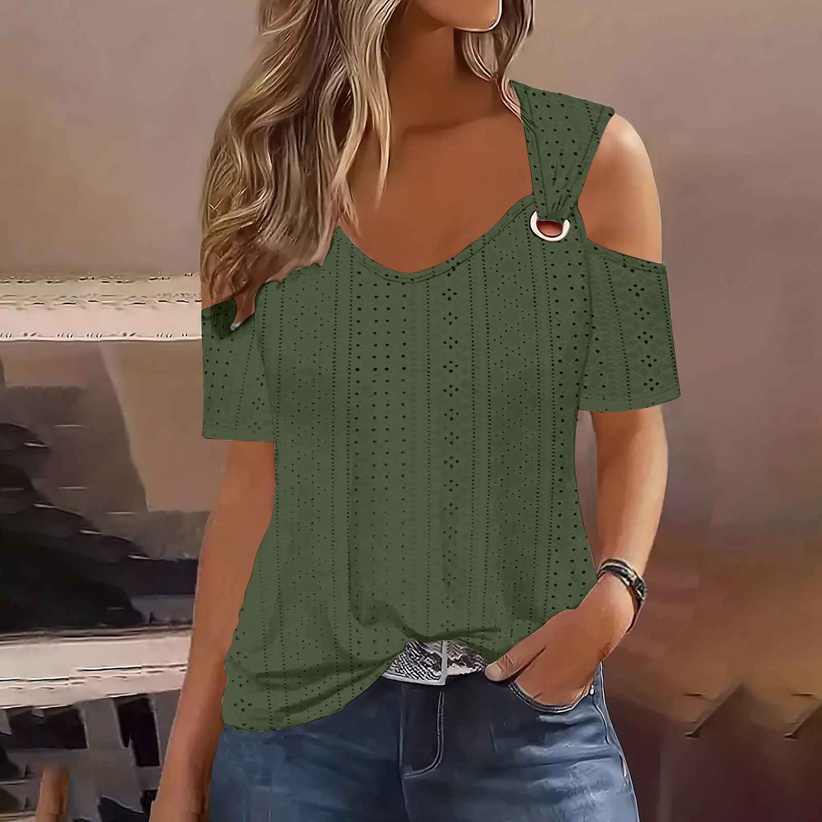 European And American-style Fitted Casual Short-sleeve Womens T-shirt With A Slit Neckline